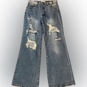NWT Vibrant MIU Blue Distressed Denim Wide Leg Women's Jeans Size 30